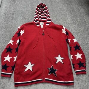 Vtg 90's Quacker Factory Stars USA Knit Zip Hoodie Sweater Flag Size M
